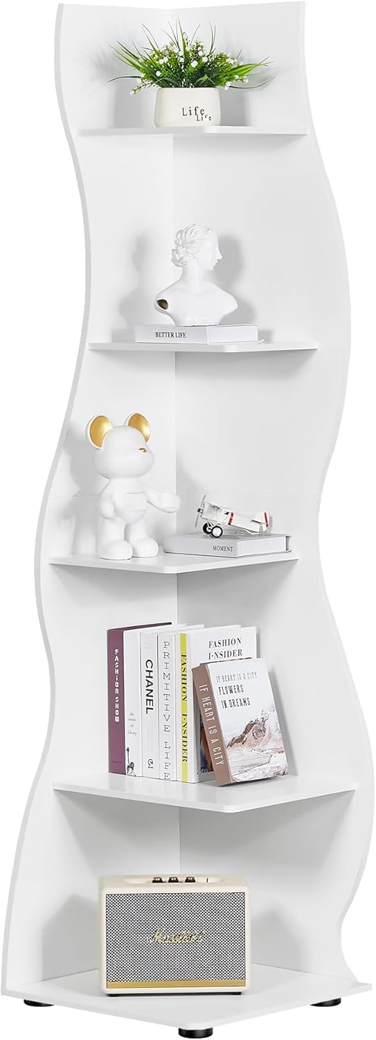 VECELO Wavy Corner Shelf, Decorative 5-Tier Storage Bookshelf