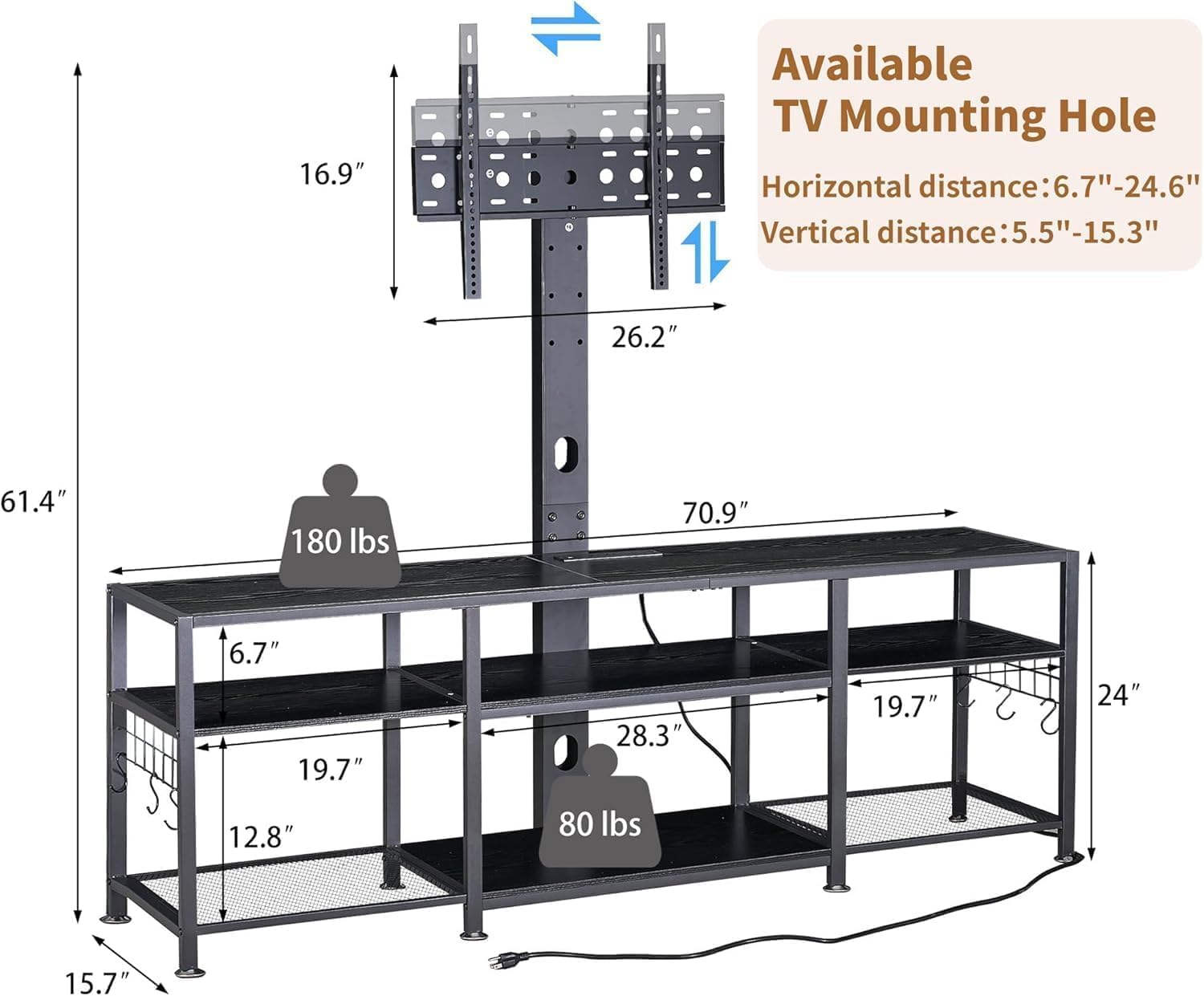 VECELO TV Stand with Mount and Power Outlets