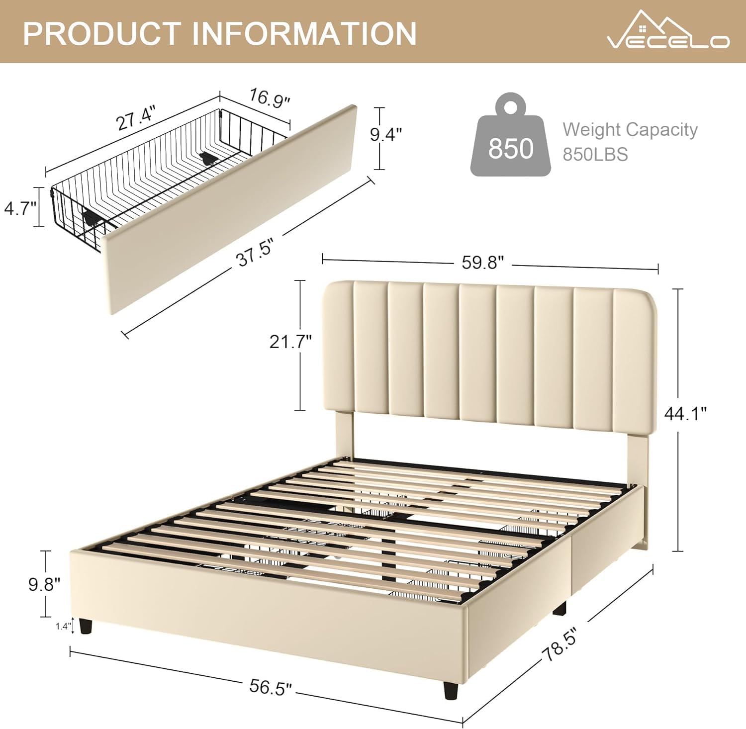 VECELO Upholstered Bed Frame with 4 Drawers and Adjustable Headboard