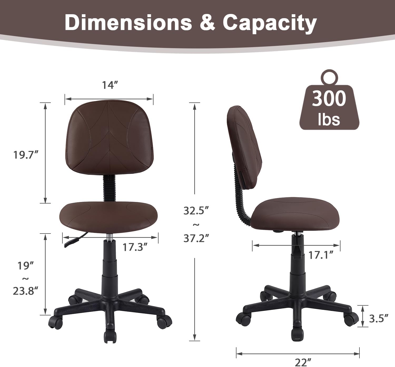 VECELO Small Desk Armless Low-Backrest PU Leather Ergonomic Computer Chair