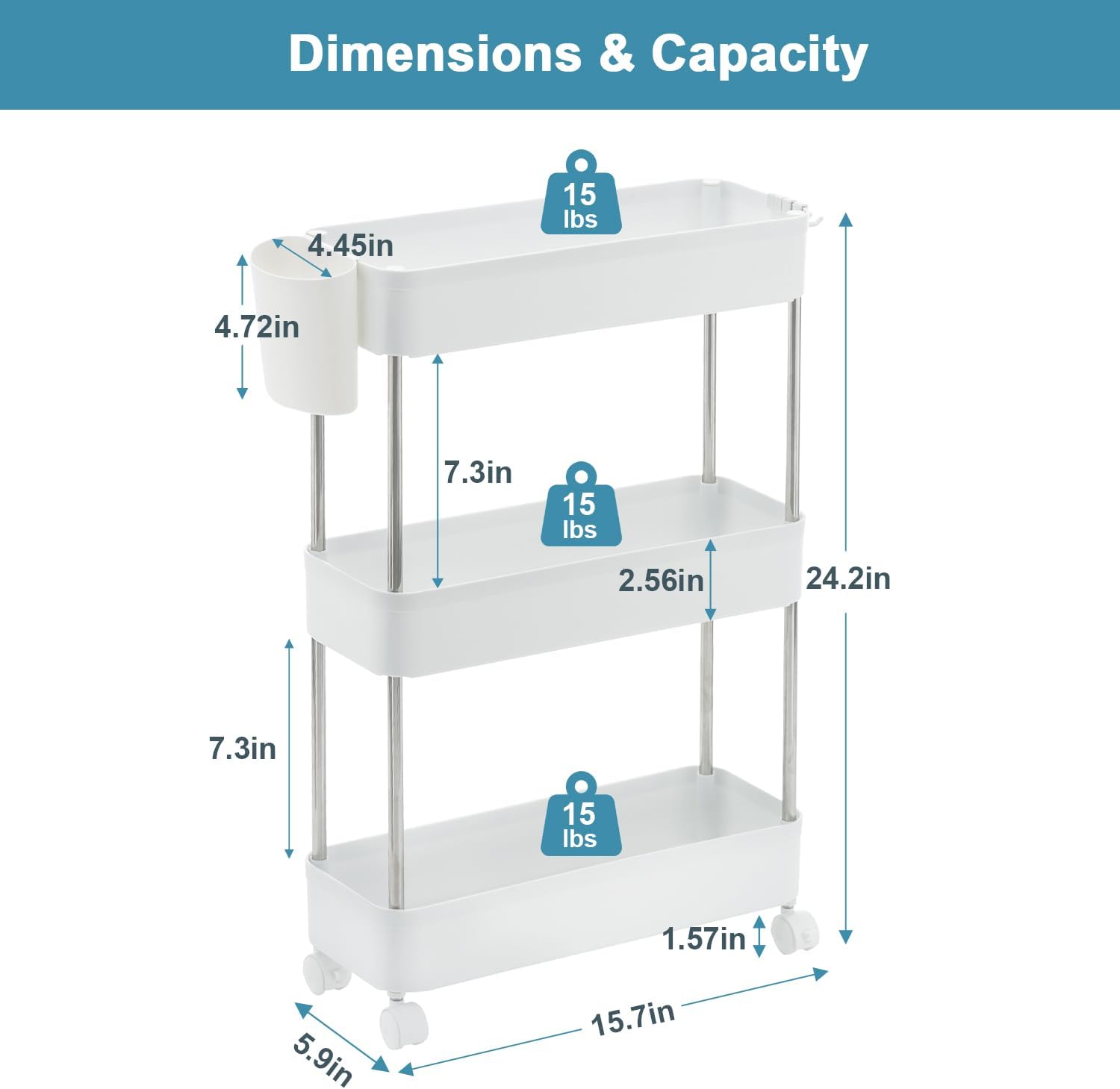 VECELO 3-Tier Storage Cart Utility Rolling Cart, Mobile Shelving Slim Unit Organizers with 360°Wheels Hooks&Hanging Cups