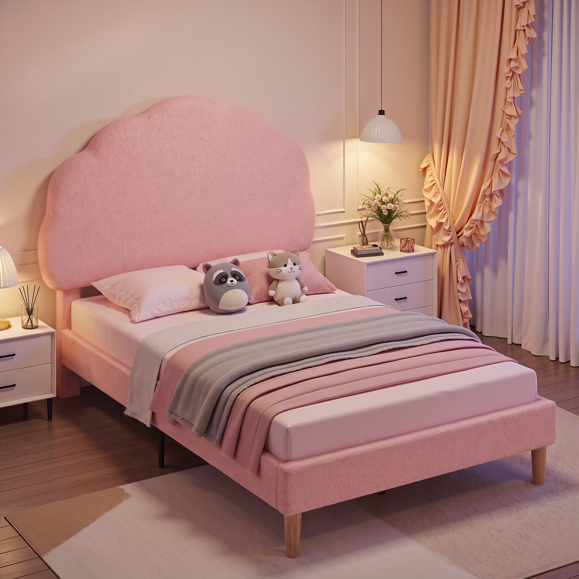 VECELO Twin Size Bed Frame, Upholstered Platform Bedframe with Height Adjustable Plush Fabric Headboard