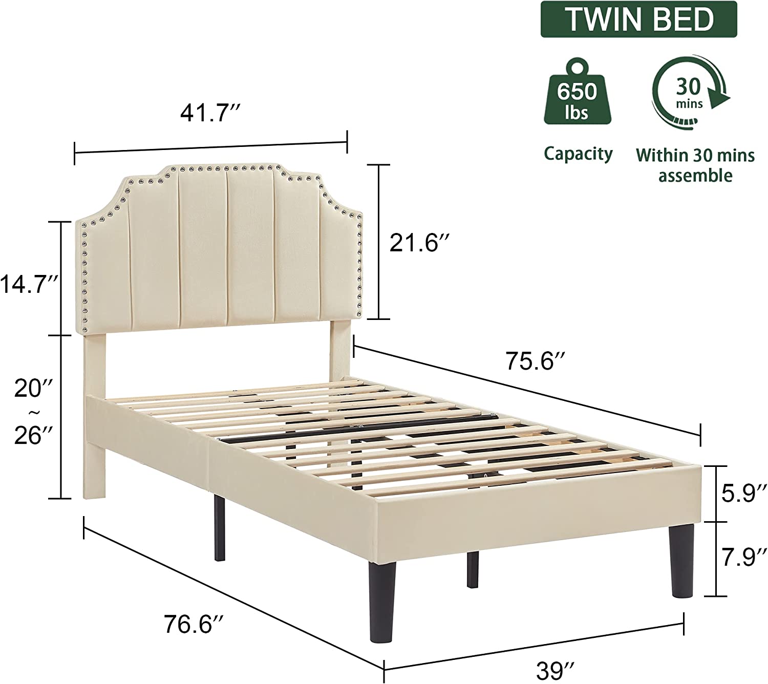 Upholstered Platform Bed Frame with Tufted Adjustable Headboard