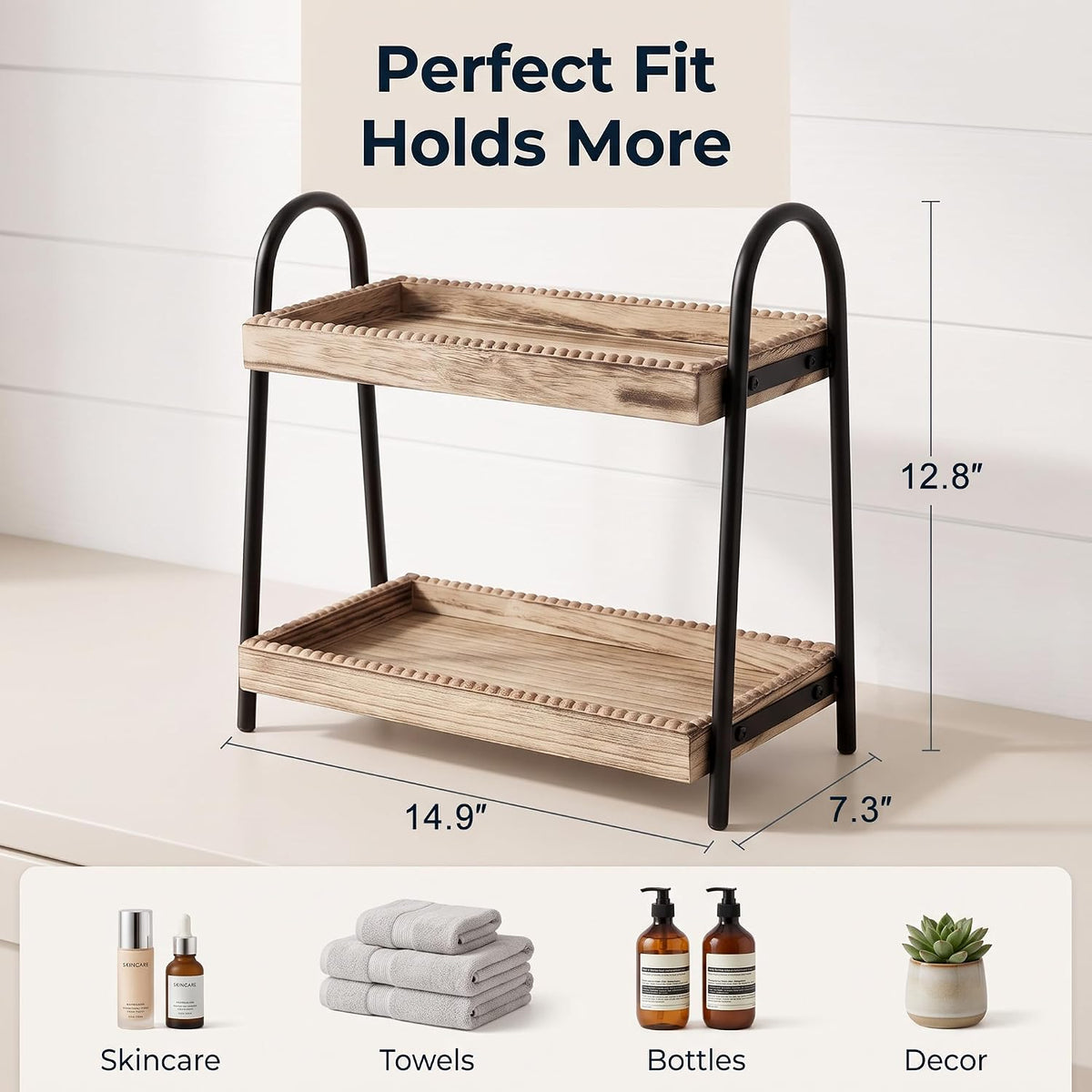 VECELO Bathroom Counter Organizer  Wood Bead Makeup Organizer Countertop