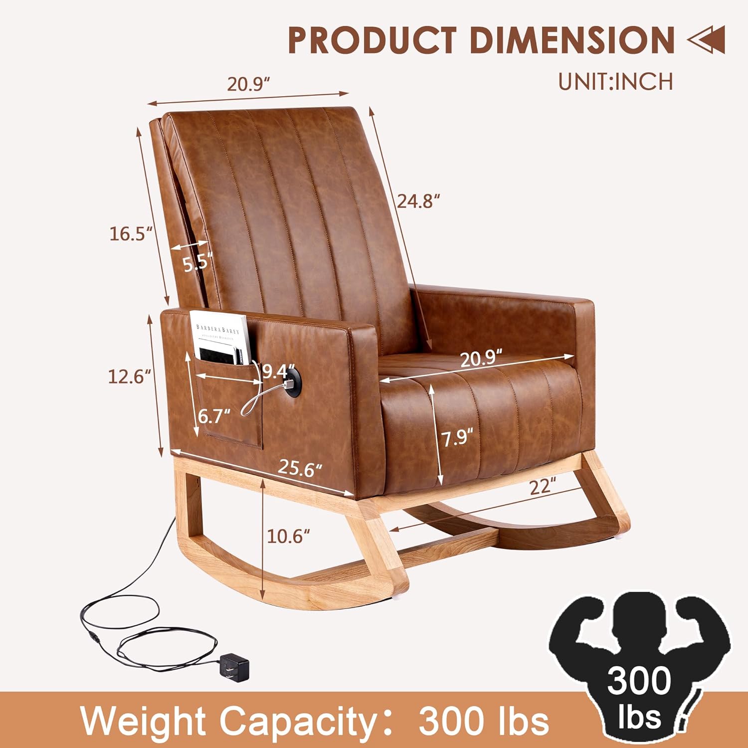 VECELO Rocking Chair Upholstered Nursery Glider Rocker High Backrest Comfy Armchair with Side Pocket and USB Port