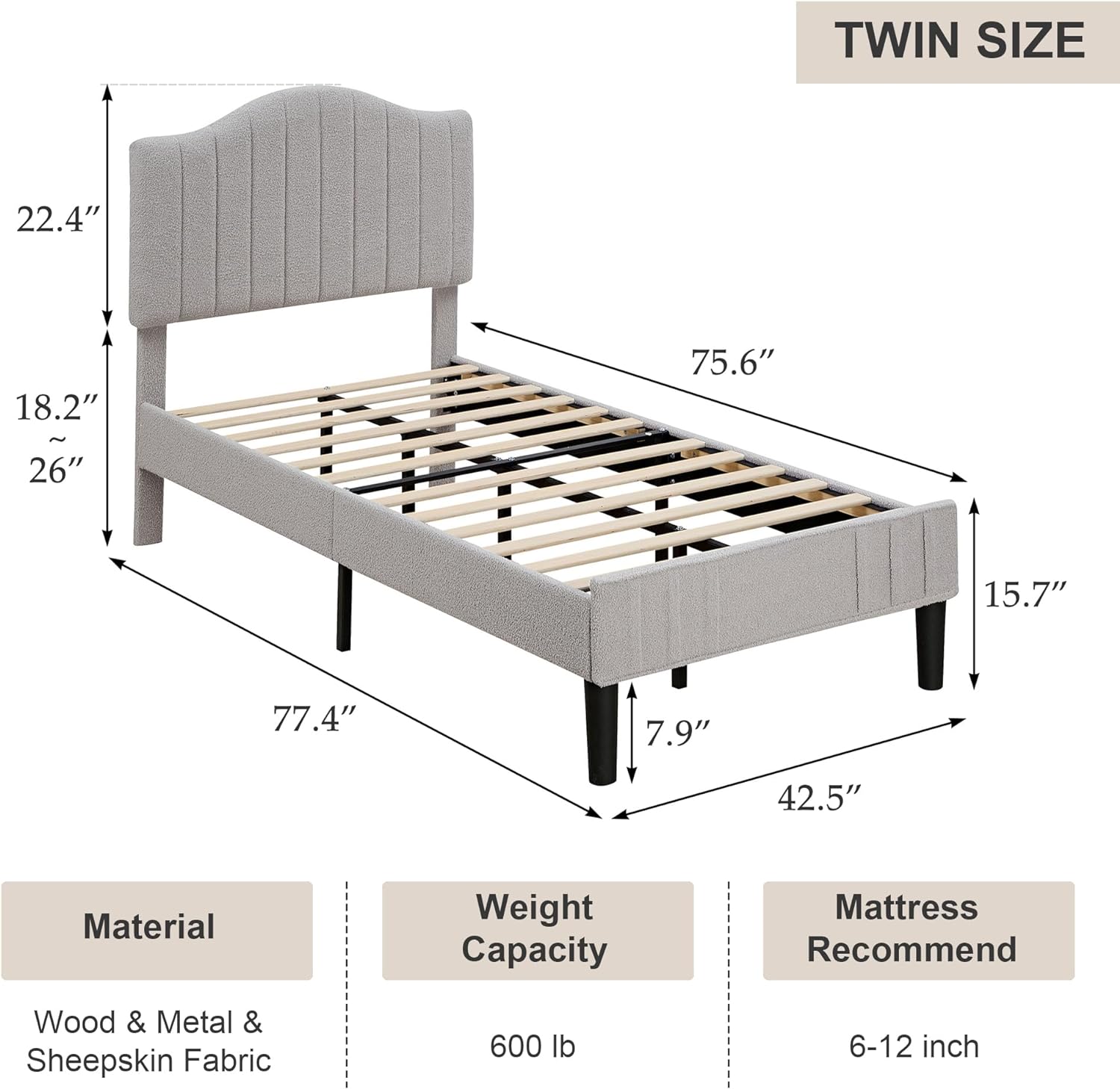 VECELO Upholstered Platform Bed Frame with Sheepskin Fabric Adjustable Headboard/Strong Wood Slats Supports