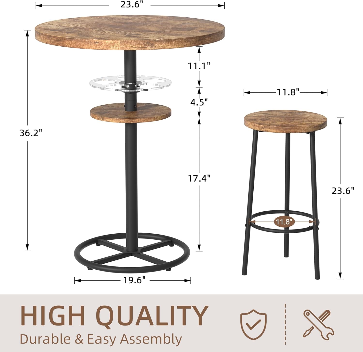 VECELO 3 Piece Bar Table Set, Small 2-Tier Round Pub Table with Barstools