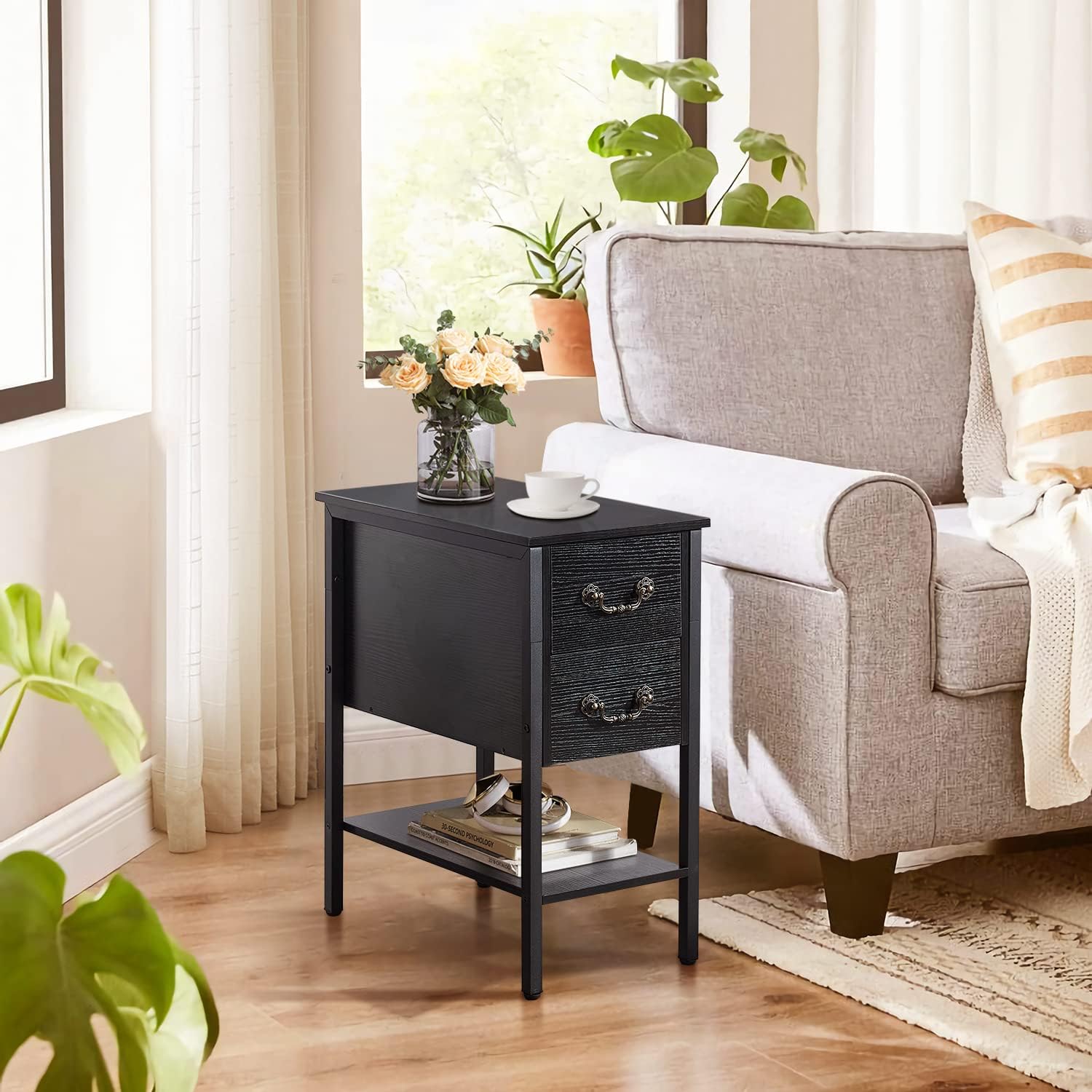 VECELO End Tables,Narrow Nightstands with Charging Station & USB Ports &Drawers