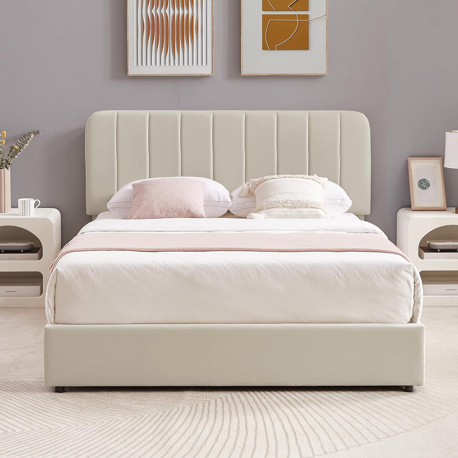 VECELO Upholstered Bed Frame with 4 Drawers and Adjustable Headboard