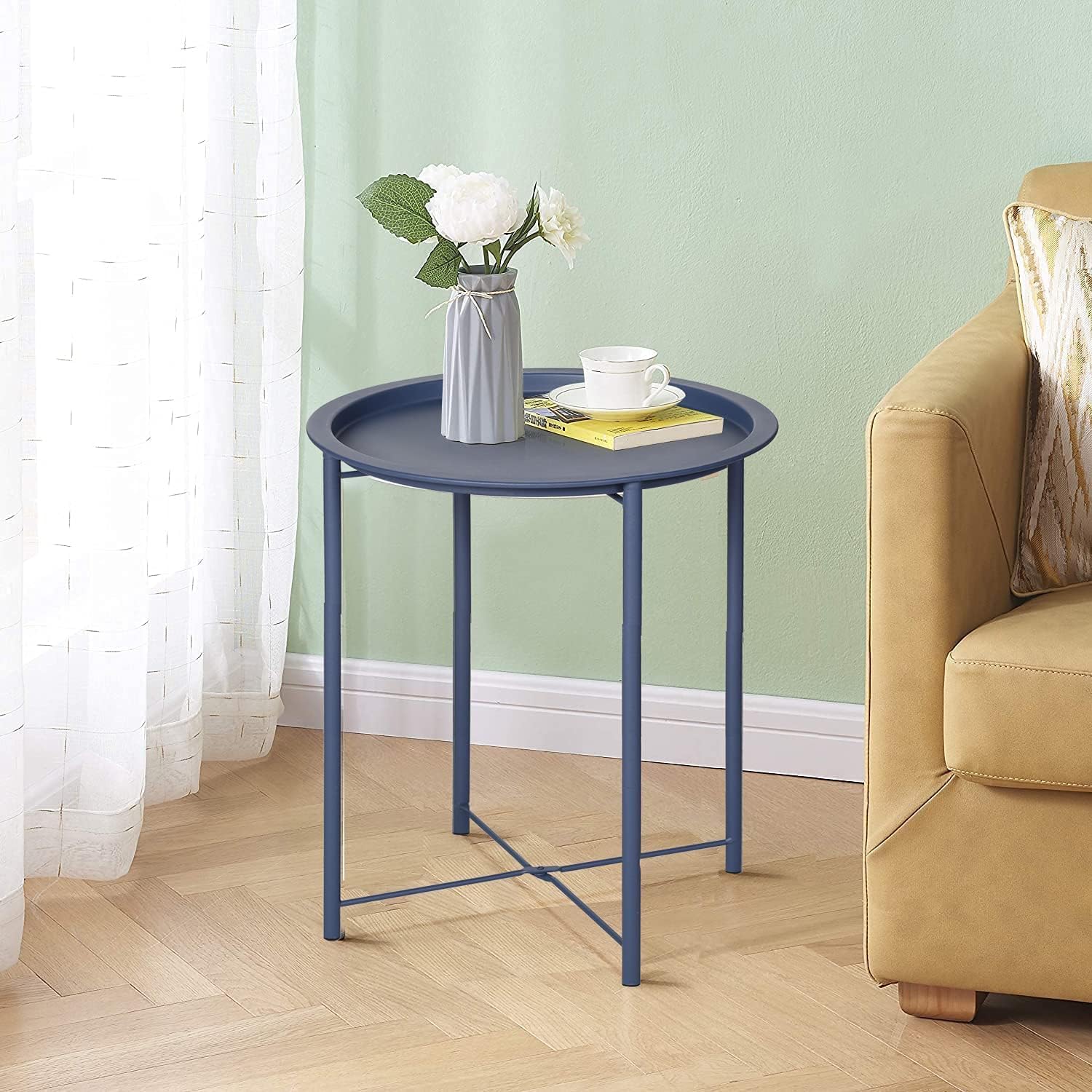 VECELO Metal Round End/Side Table with Removable Tray Small Folding Anti-Rust Nightstand