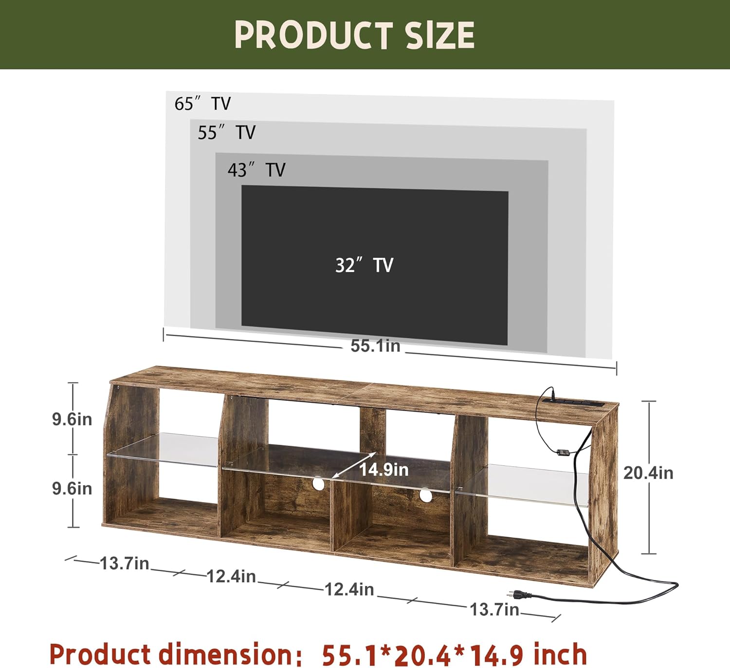 VECELO TV Stand with LED Strip & Power Outlets, Industrial Entertainment Center