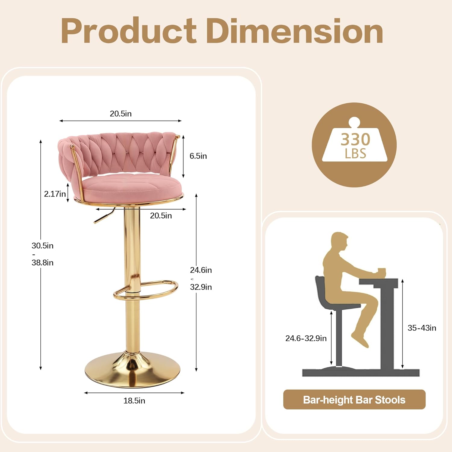 VECELO Bar Stools Set of 2 Adjustable Barstools Counter Height Stools