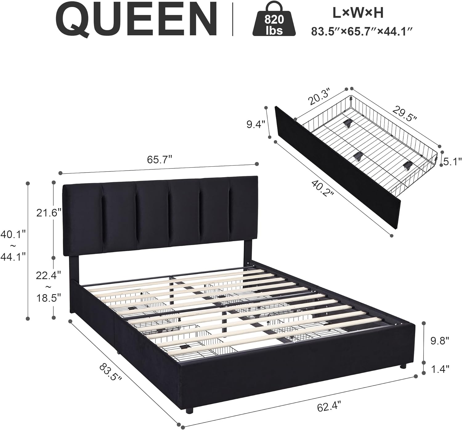 VECELO Upholstered Bed Frame with 4 Storage Drawers and Adjustable Velvet Headboard