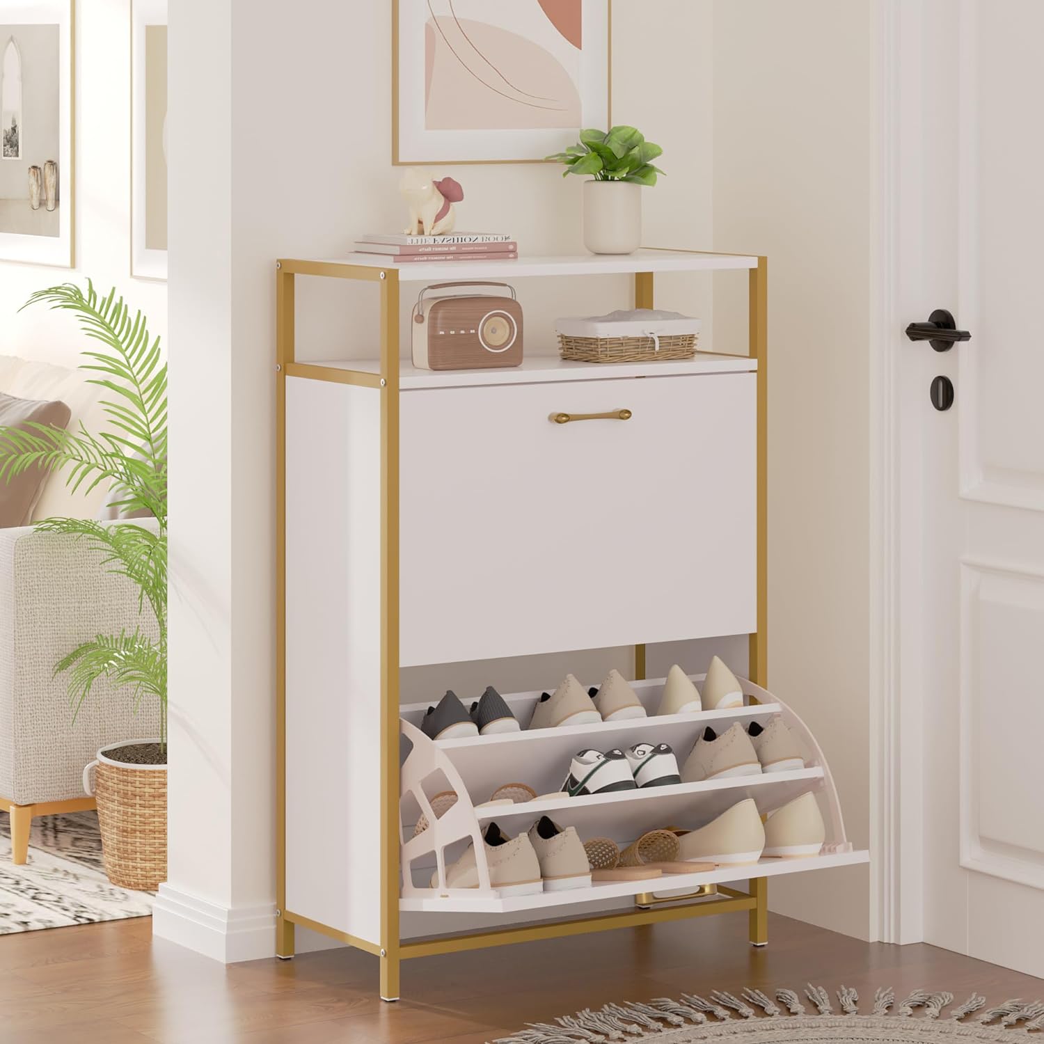 VECELO Shoe Storage Cabinet with 2 Flip Drawers