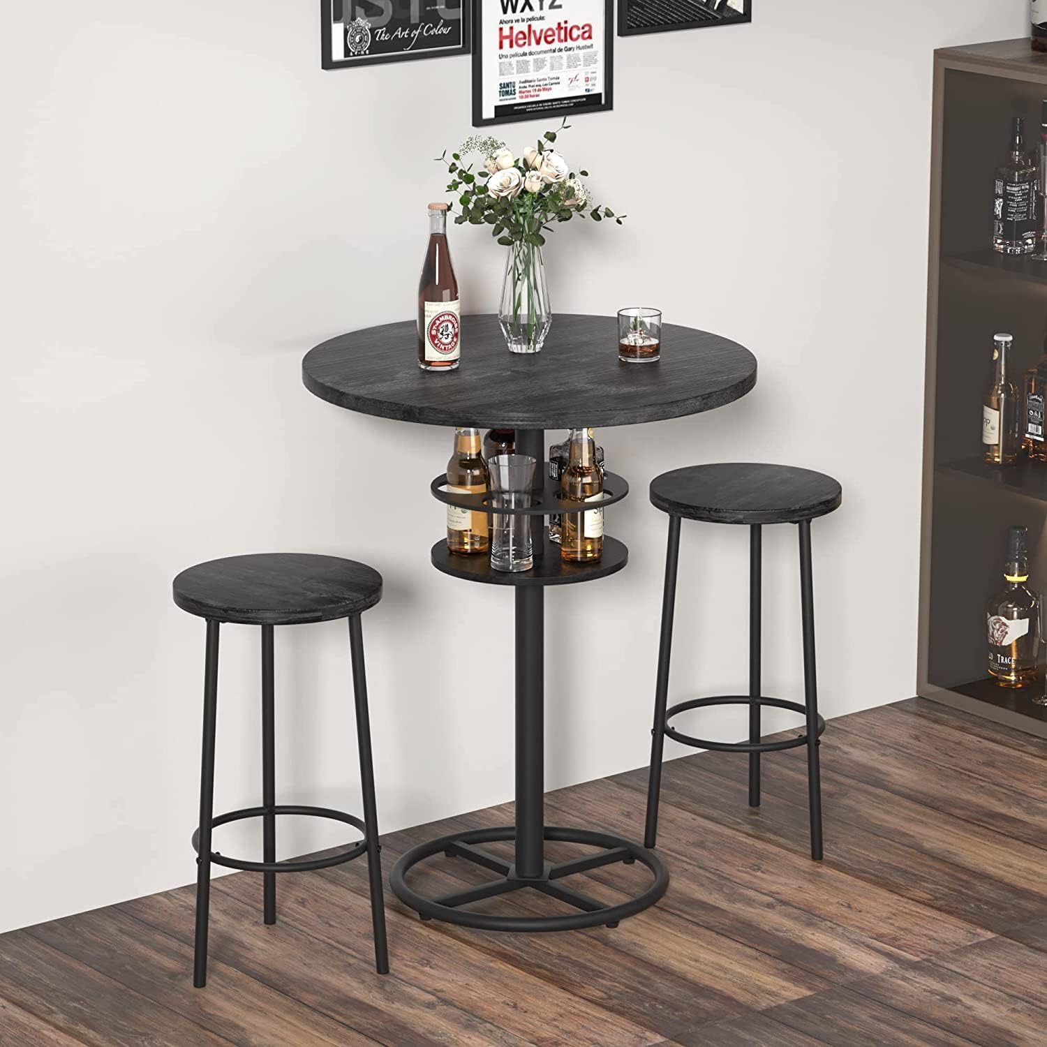 VECELO 3 Piece Bar Table Set, Small 2-Tier Round Pub Table with Barstools