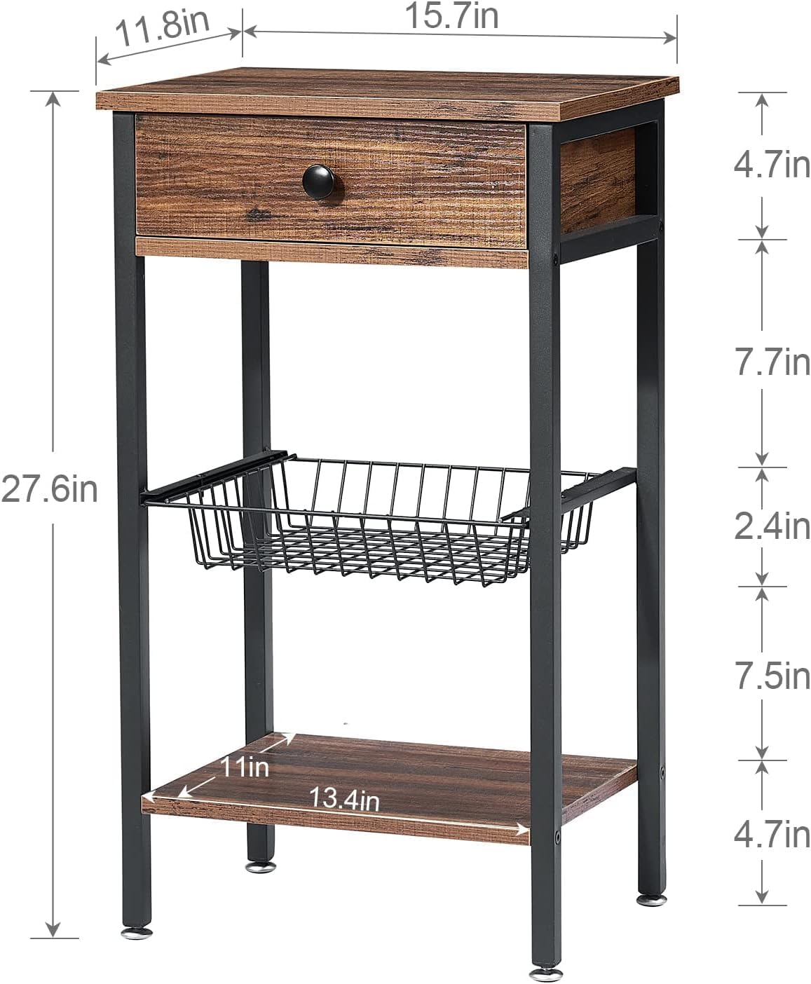 VECELO Industrial Retro Side Nightstand with Storage Shelf Tall End Tables
