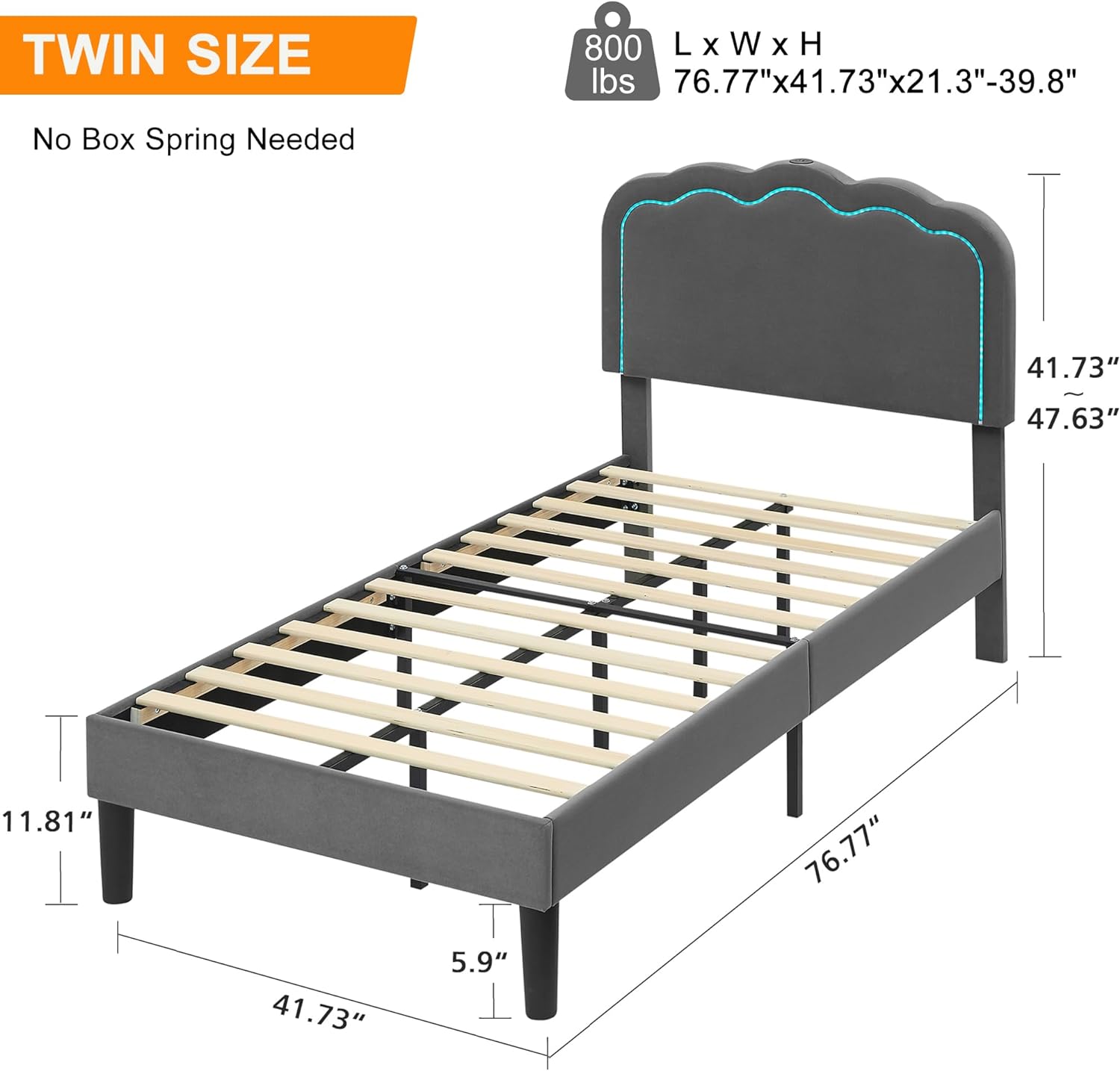 VECELO Upholstered Velvet Platform Bed Frame with Headboard Adjustable, LED Lights, USB-A & Type-C