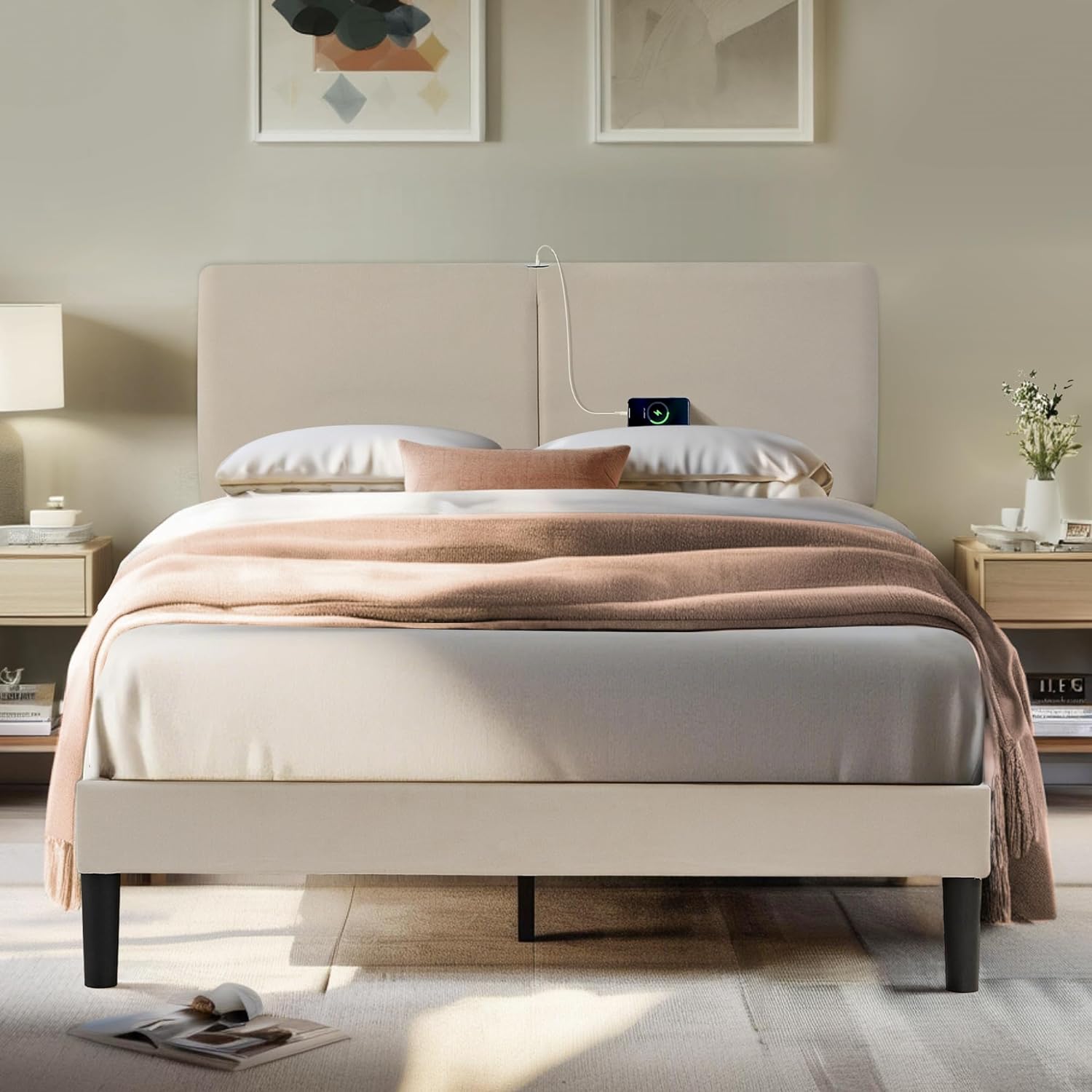 VECELO Twin/Full/Queen Bed Frame Upholstered Platform with Type-C & USB Ports Height-Adjustable Cotton and Linen Headboard
