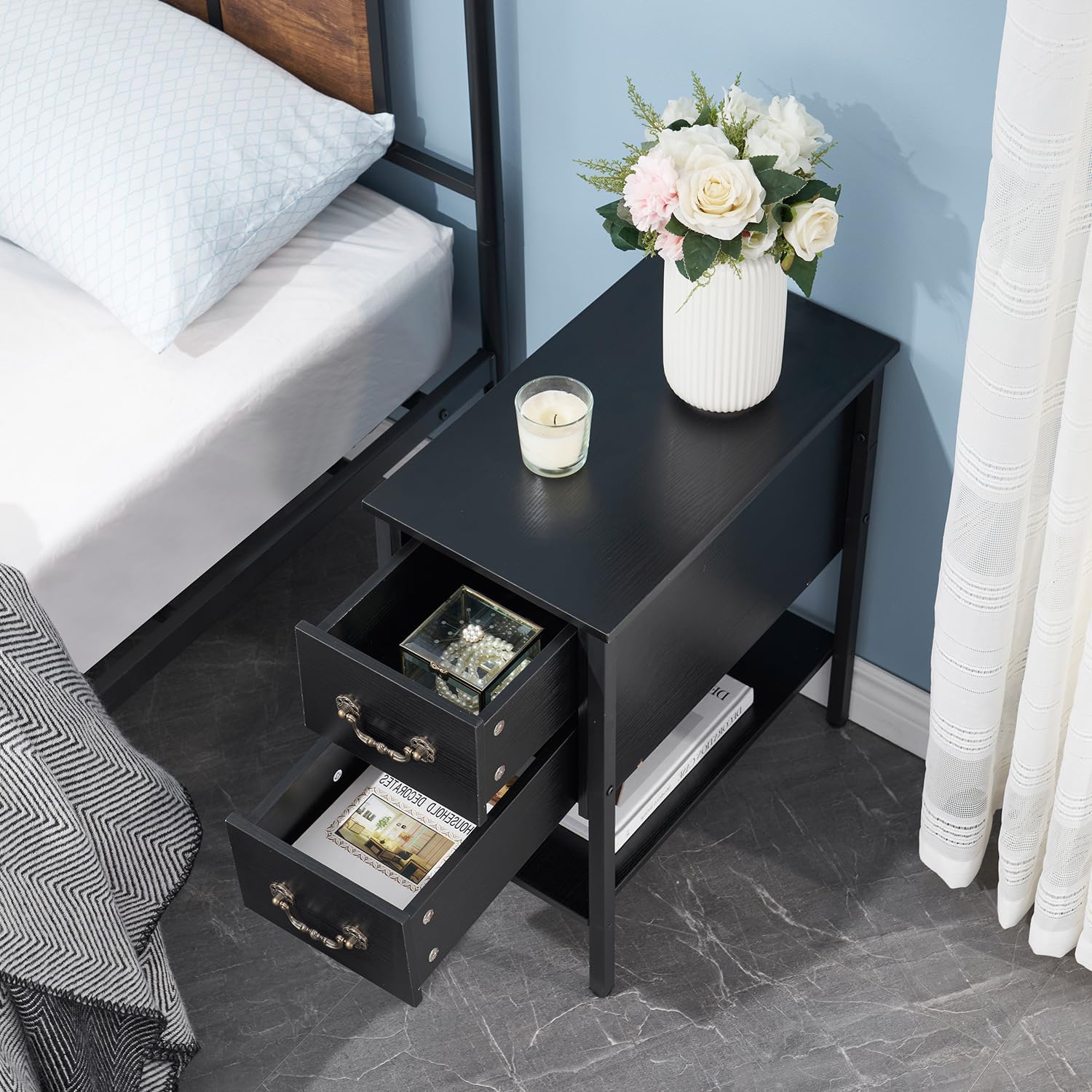 VECELO End Tables,Narrow Nightstands with Charging Station & USB Ports &Drawers