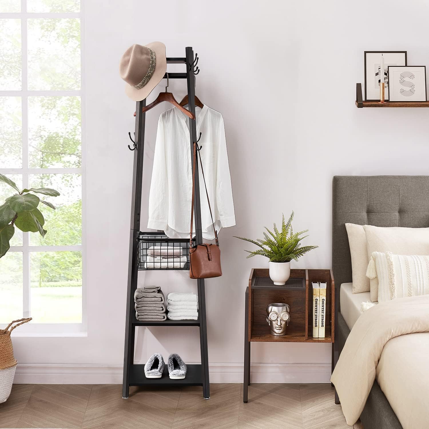 Industrial Coat Rack Enterway Clothes Stand with 2 Tier Storage Shelves /Basket,Hall Trees with 8 Dual Hooks, Brown+Black