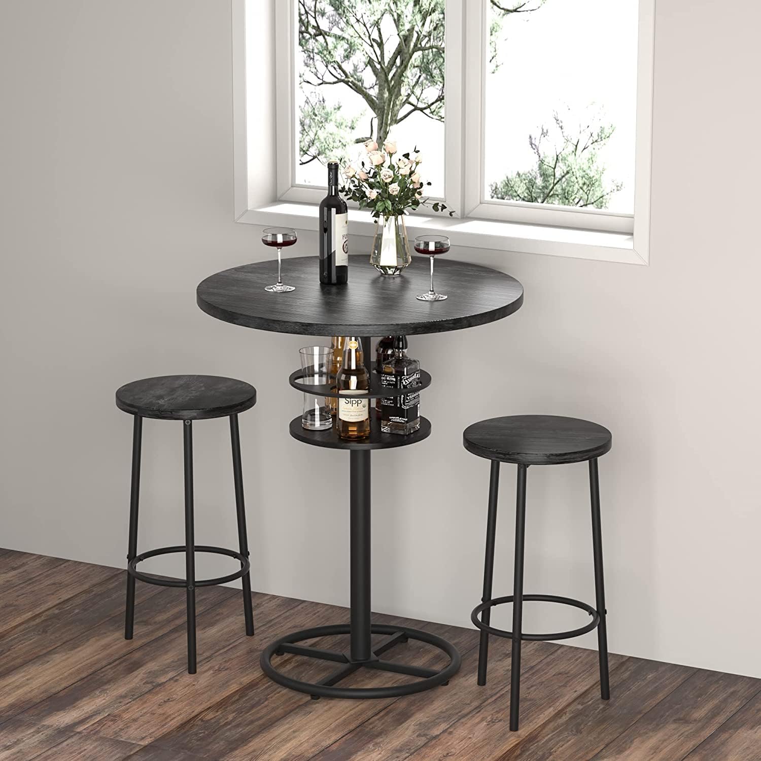 VECELO 3 Piece Bar Dining Set, Small 2-Tier Round Pub Table with Barstools, Kitchen Counter Height Wood Top Bistro for Breakfast Nook
