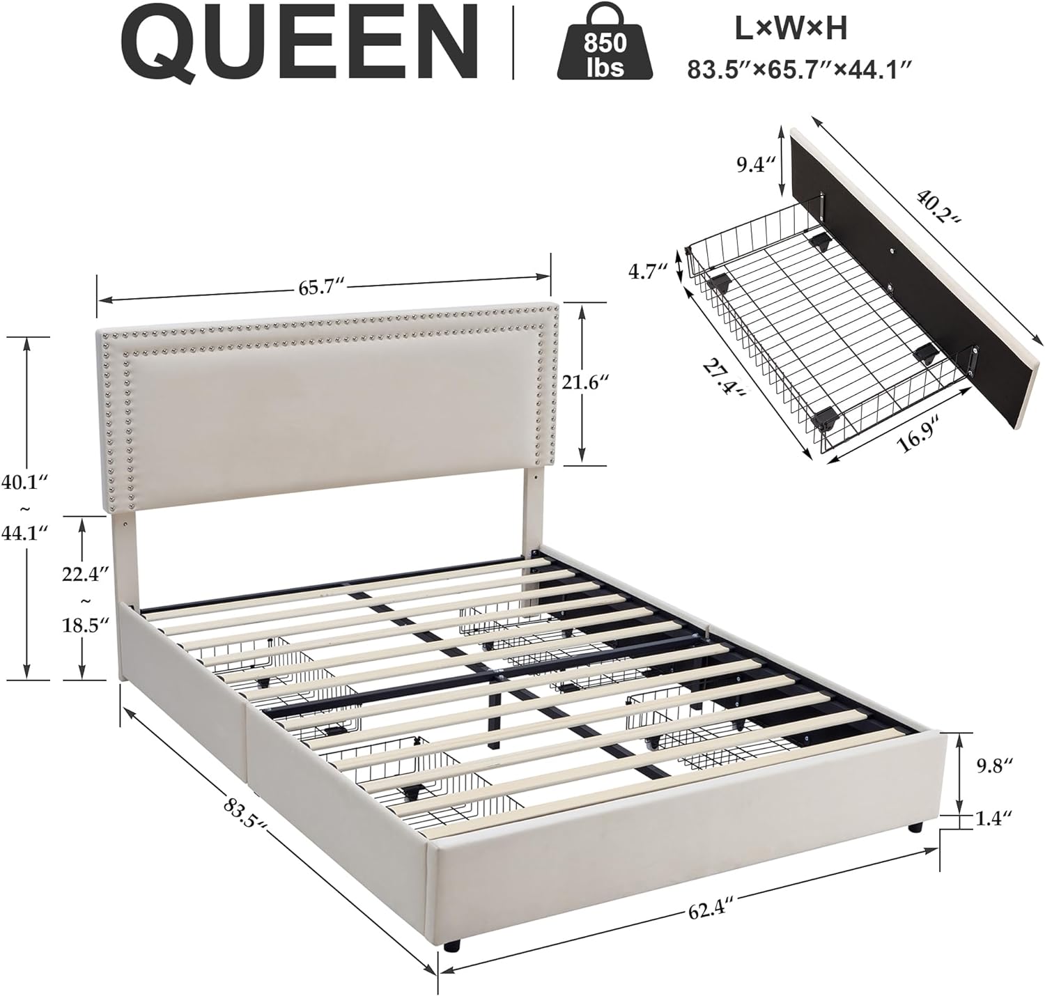 VECELO Upholstered Platform Bed Frame Platform with 4 Storage Drawers