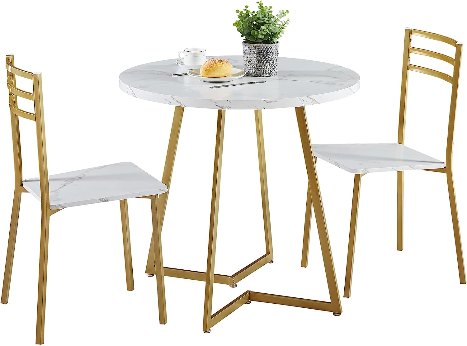 VECELO 3 Piece Kitchen Dining Room Set, Marbling Tabletop with Gold Steel Frame Round Table