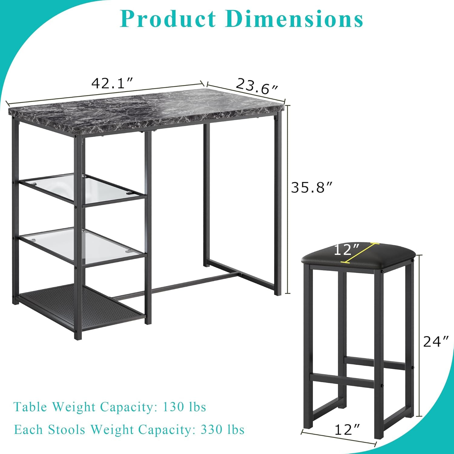 VECELO Small Bar Table and Chairs Set for 2
