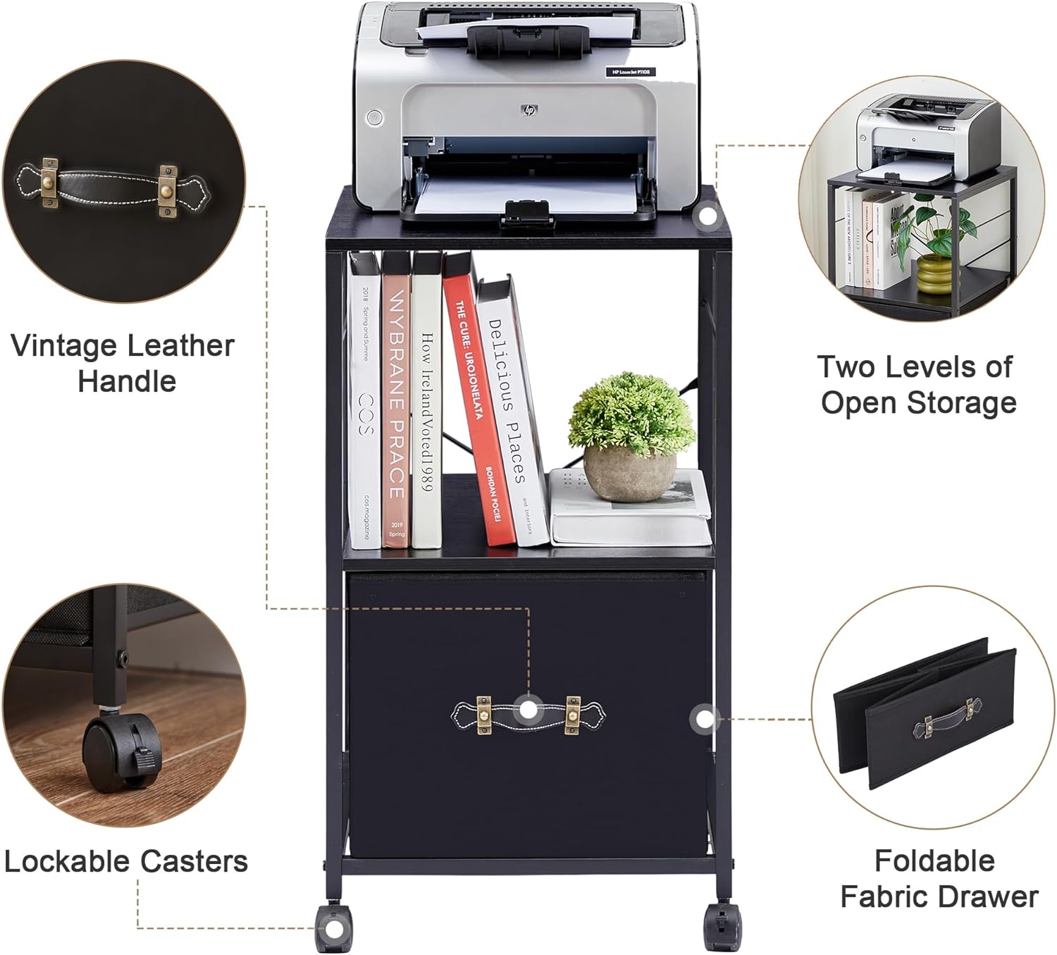 VECELO File Cabinet with Open Storage Shelf, Rolling Printer Stand with Large Fabric Drawer