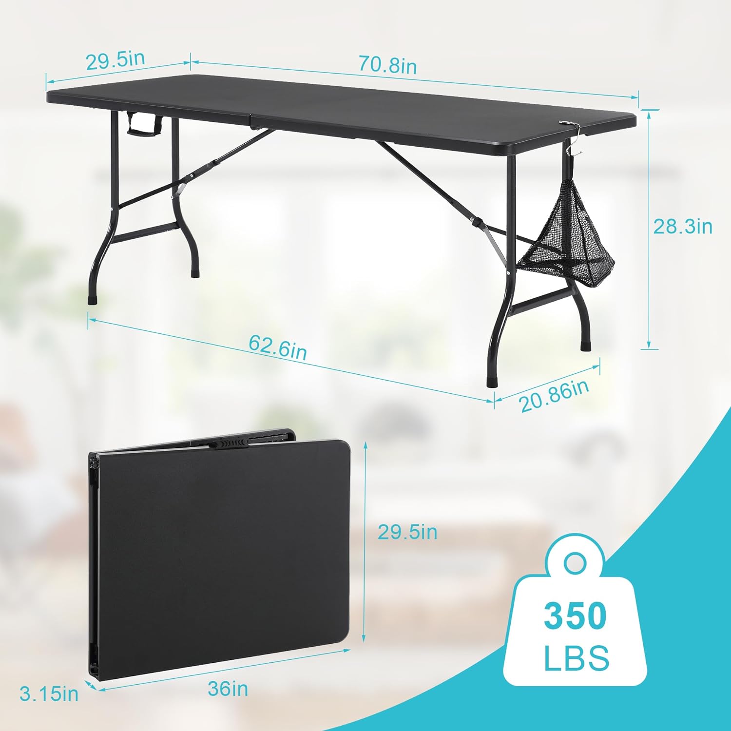 VECELO 6Ft Plastic Folding Table Heavy Duty Indoor Outdoor Portable Pi