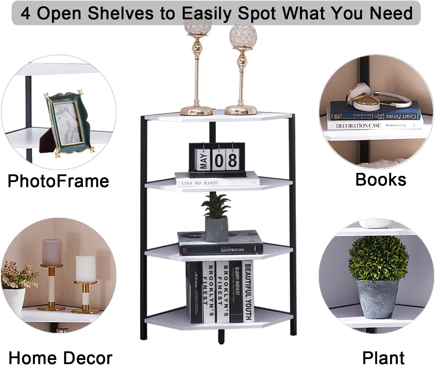 VECELO 31 Inch Corner Shelf, 4-Tier Display Shelves