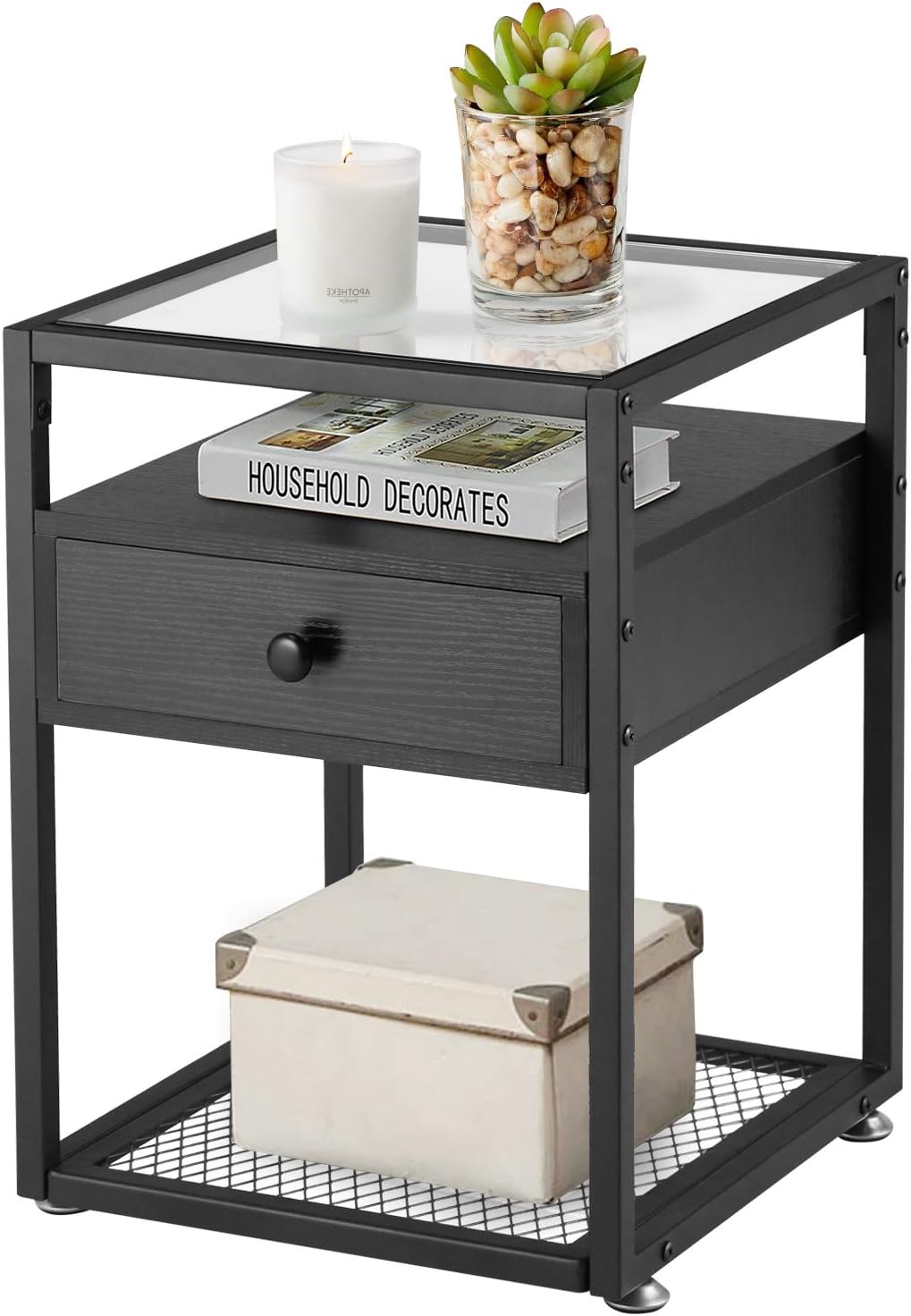 VECELO Nightstands,Glass Top End Tables with Drawer and Shelf