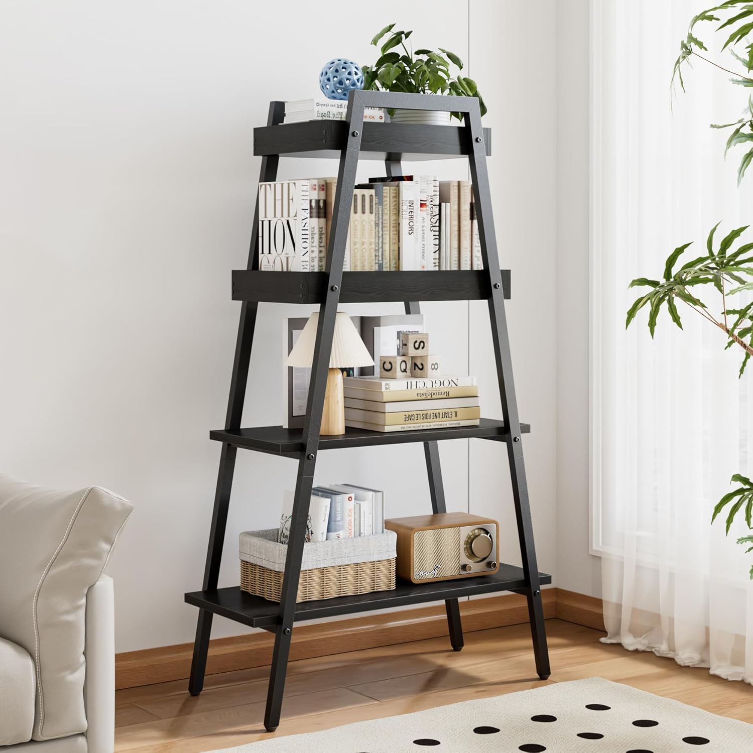 VECELO Industrial Ladder Shelf, 4 Tier Leaning Bookshelf Storage