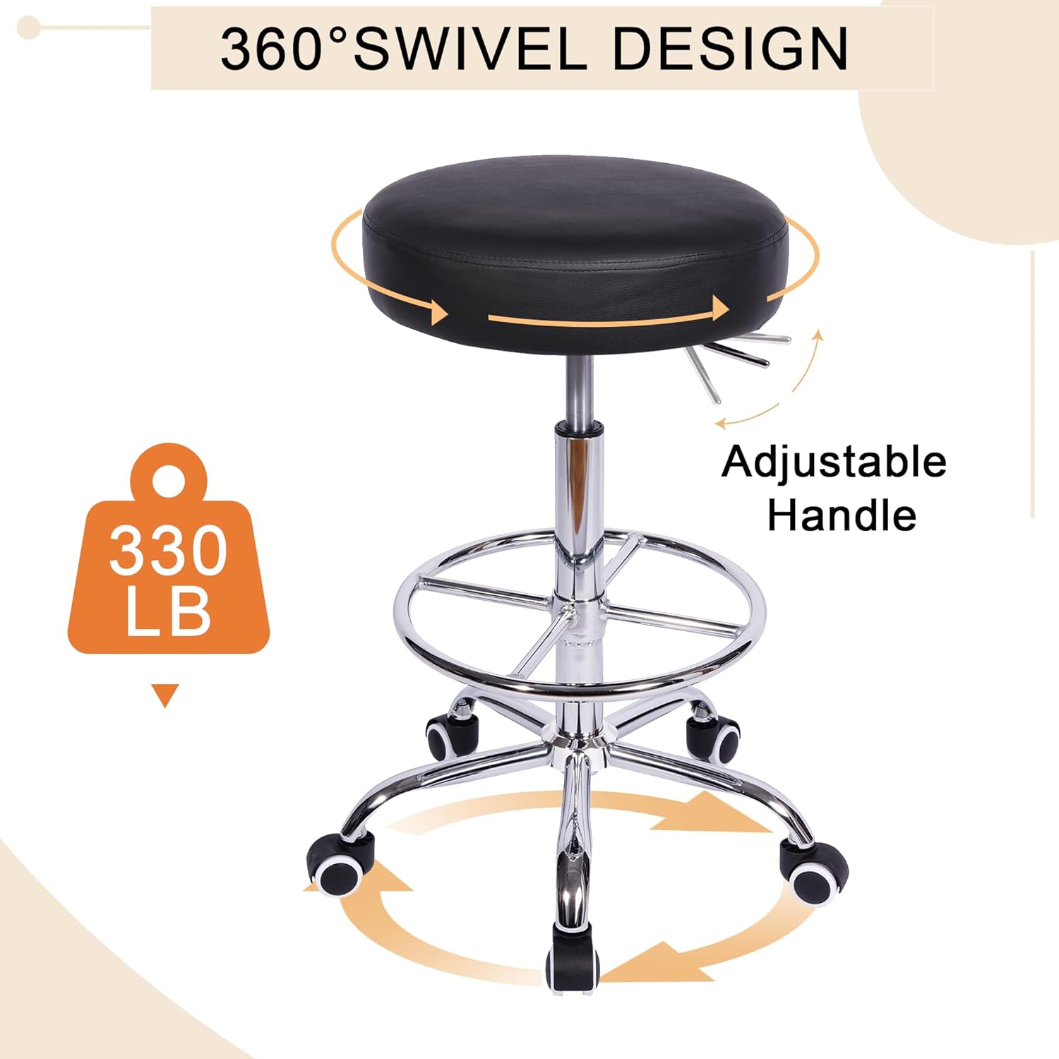 VECELO Round Rolling Stool with Footrest and Wheels