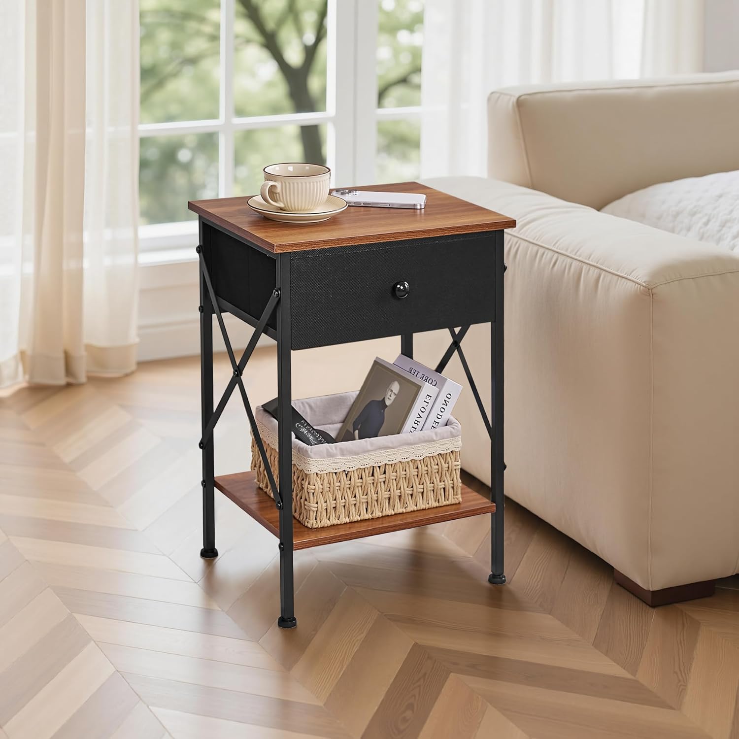 VECELO Nightstand Set of 2, X-Design End Side Table with Fabric Storage Drawer and Open Shelf