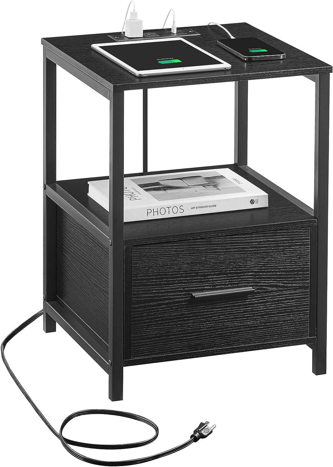 VECELO Nightstand with Charging Station and USB Ports End/Side Table