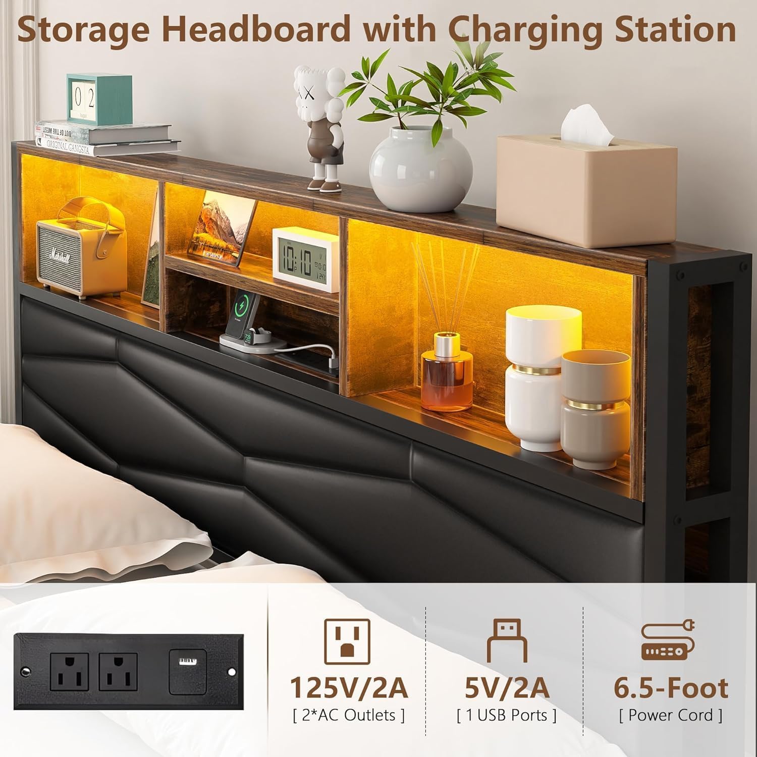 VECELO Bed Frame with 2-Tier Storage Headboard and Charging Station