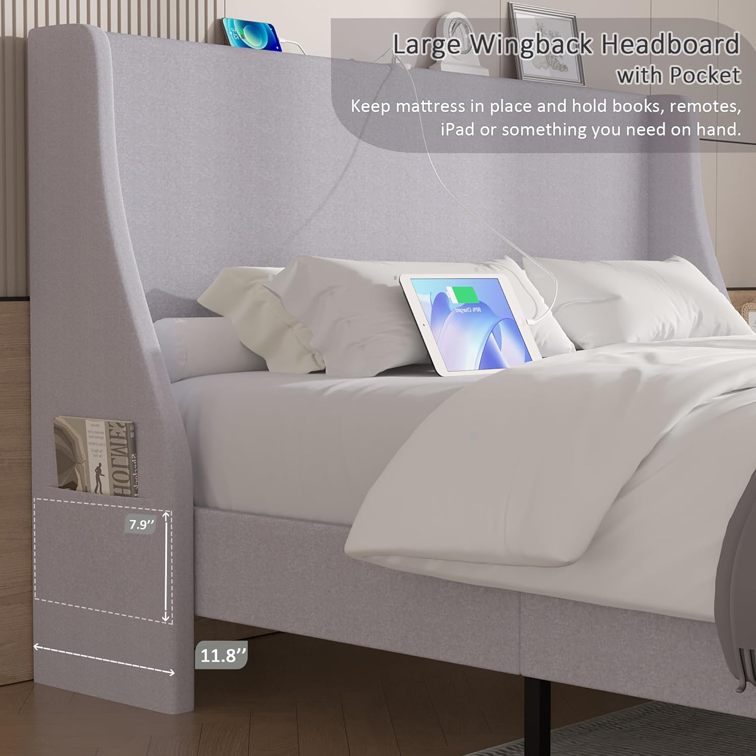 VECELO Bed Frame with Upholstered Wingback Headboard - VECELO