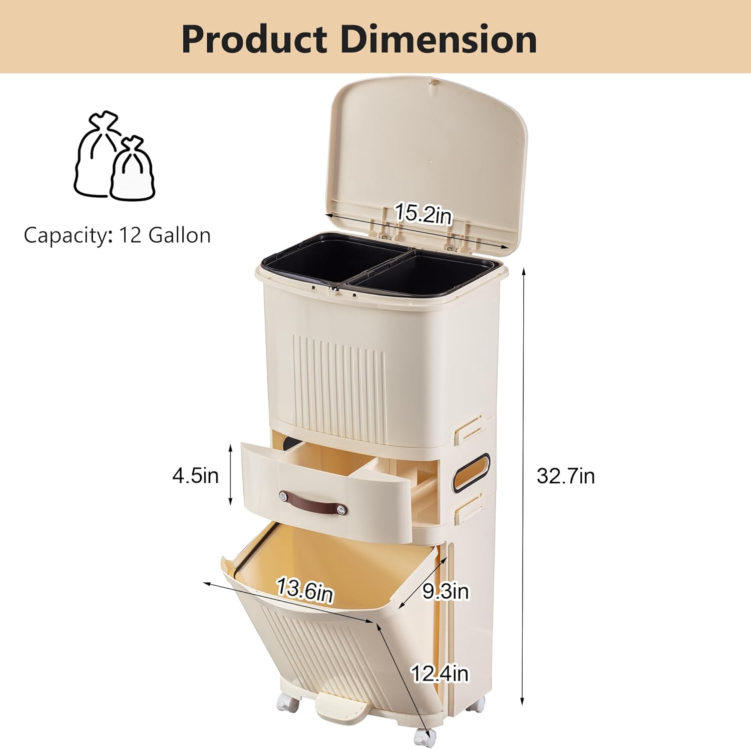 VECELO 12 Gal Kitchen Trash Can with Lid, Large-Capacity Double-Layer Sorting Trash Bin with Removable Inner Bucket