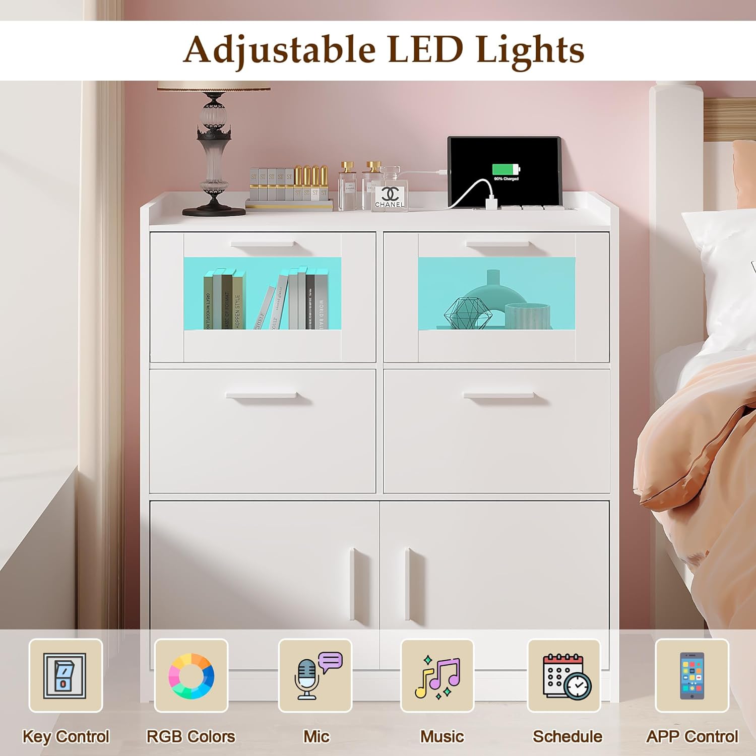 VECELO Dresser for Bedroom Chest of 4 Drawers/6 Drawer with Adjustable LED Lights