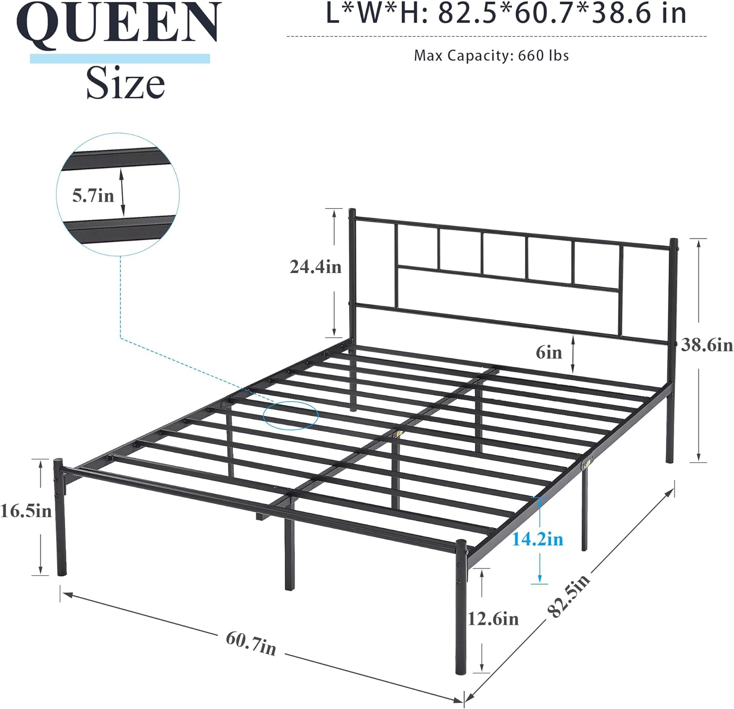 VECELO Bed Frame, 14 Inch Metal Platform with Headboard, Heavy Duty Steel Slat Support