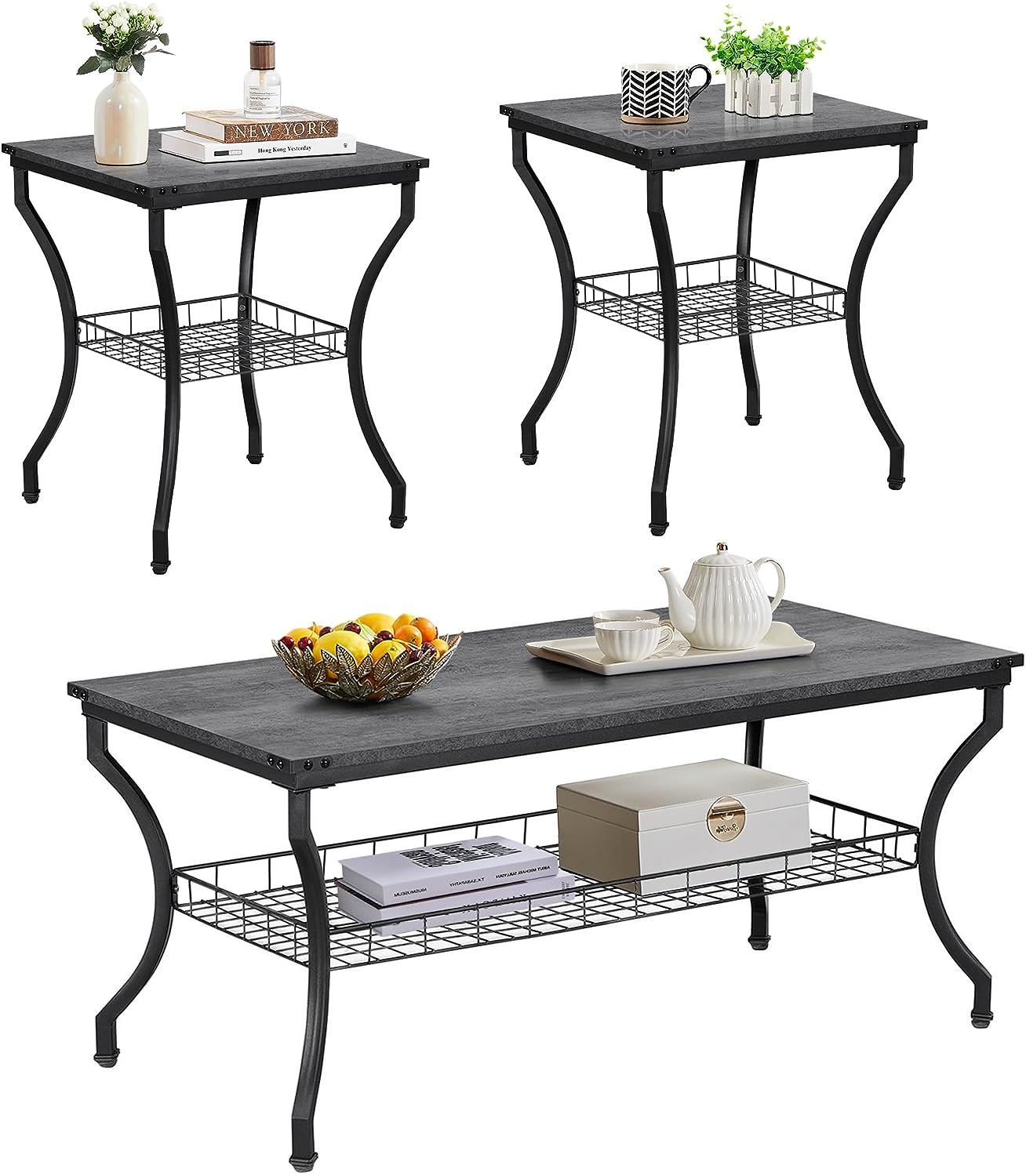 VECELO 3 Pieces Living Room Sets Coffee and End Tables - Thumbnail 3