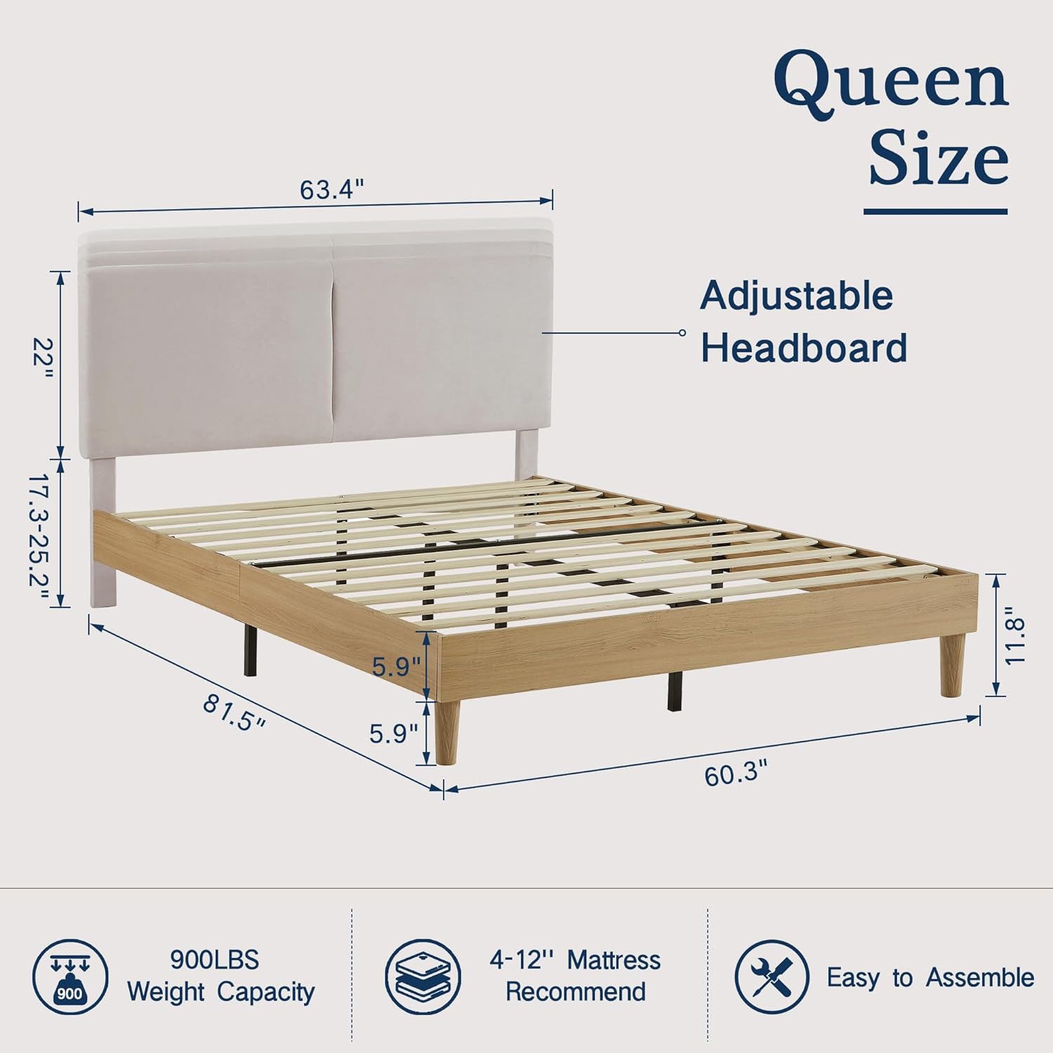 VECELO Upholstered Platform Bed Frame with Height-Adjustable Cotton and Linen Headboard