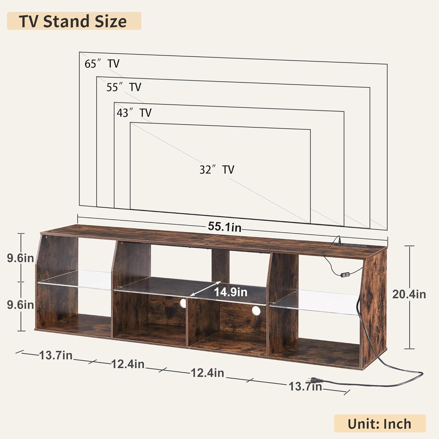 VECELO TV Stand with LED Strip & Power Outlets, Industrial Entertainment Center