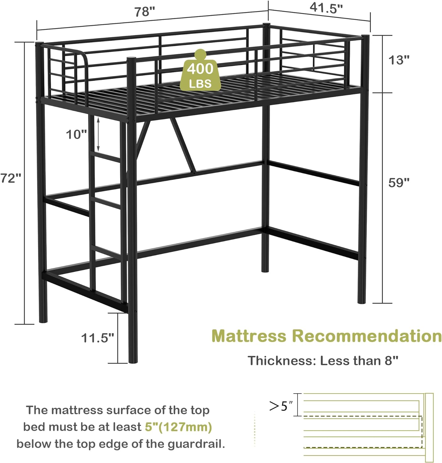 VECELO Metal Loft Bed Twin Size