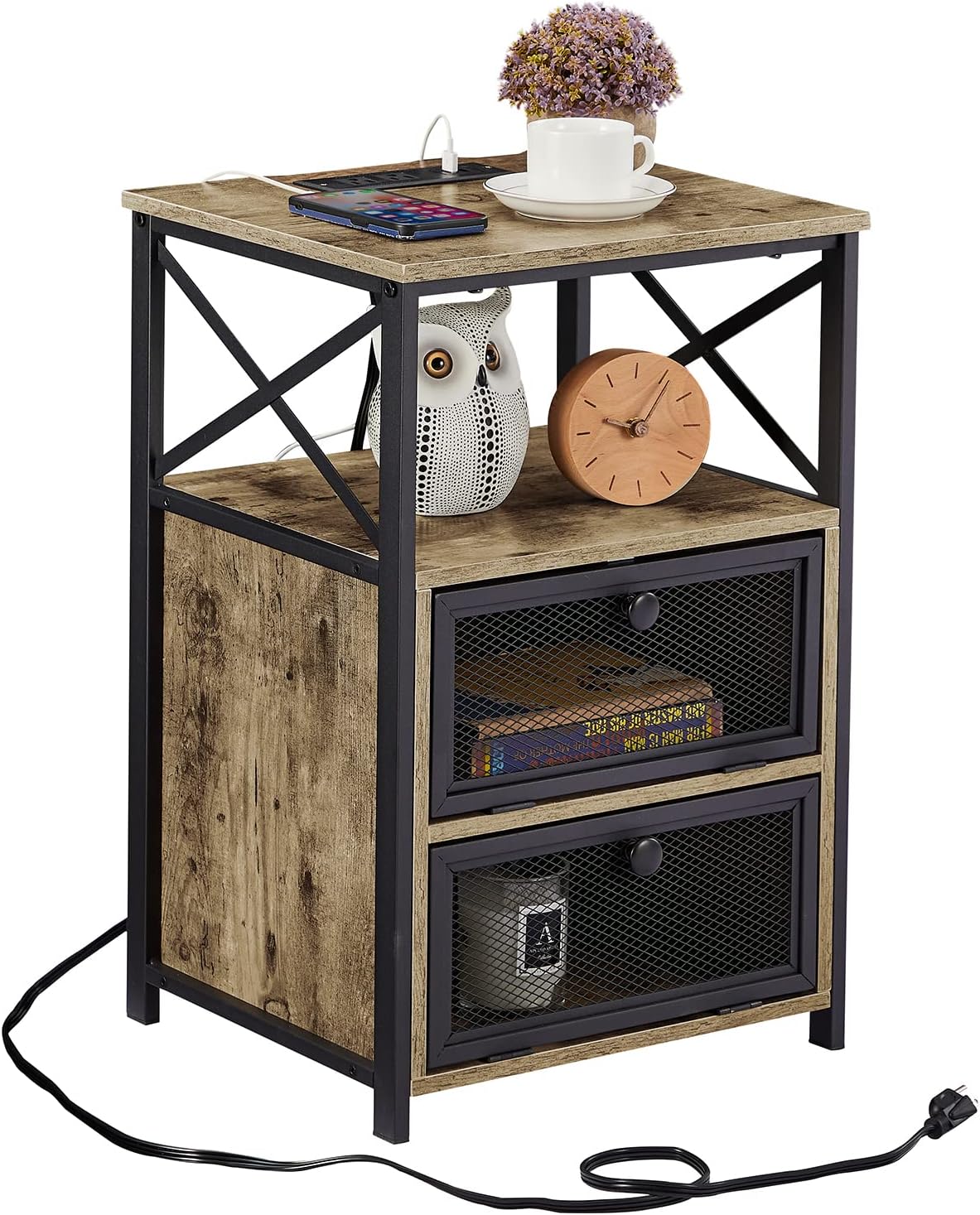 VECELO End Side Tables with Charging Station,Nightstand with 2 Flip Drawers and USB Ports & Power Outlets