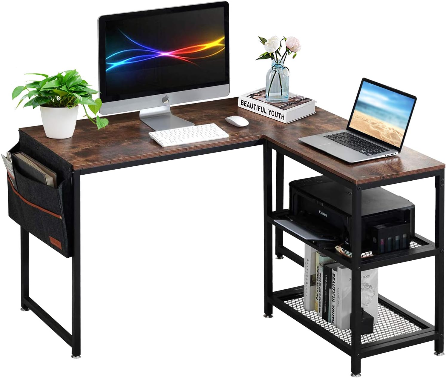 VECELO Computer Desk 47" L Shaped Heavy Duty Home Office Table for Study/Gaming/Writing Room with Storage Bag and Shelf