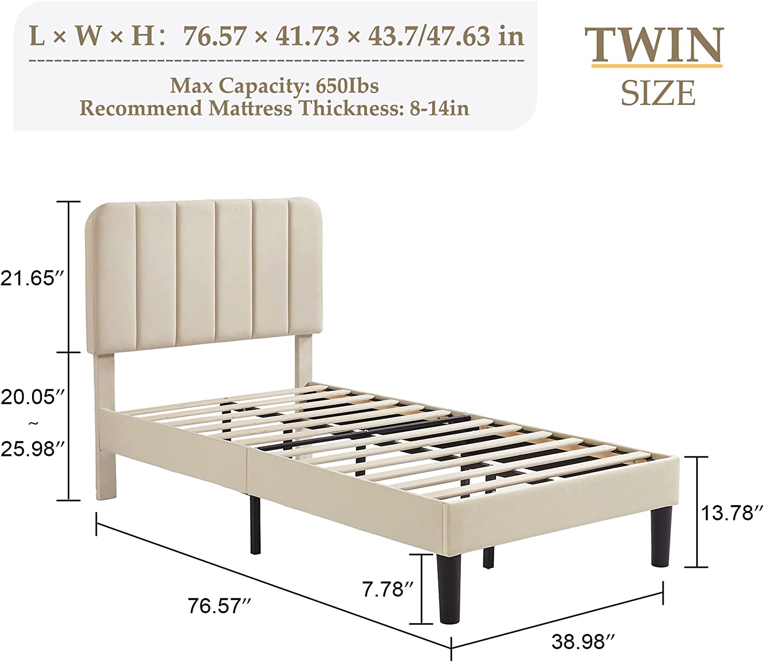 VECELO Bed Frame, Upholstered Platform bedframe with Adjustable Headboard, No Box Spring Needed