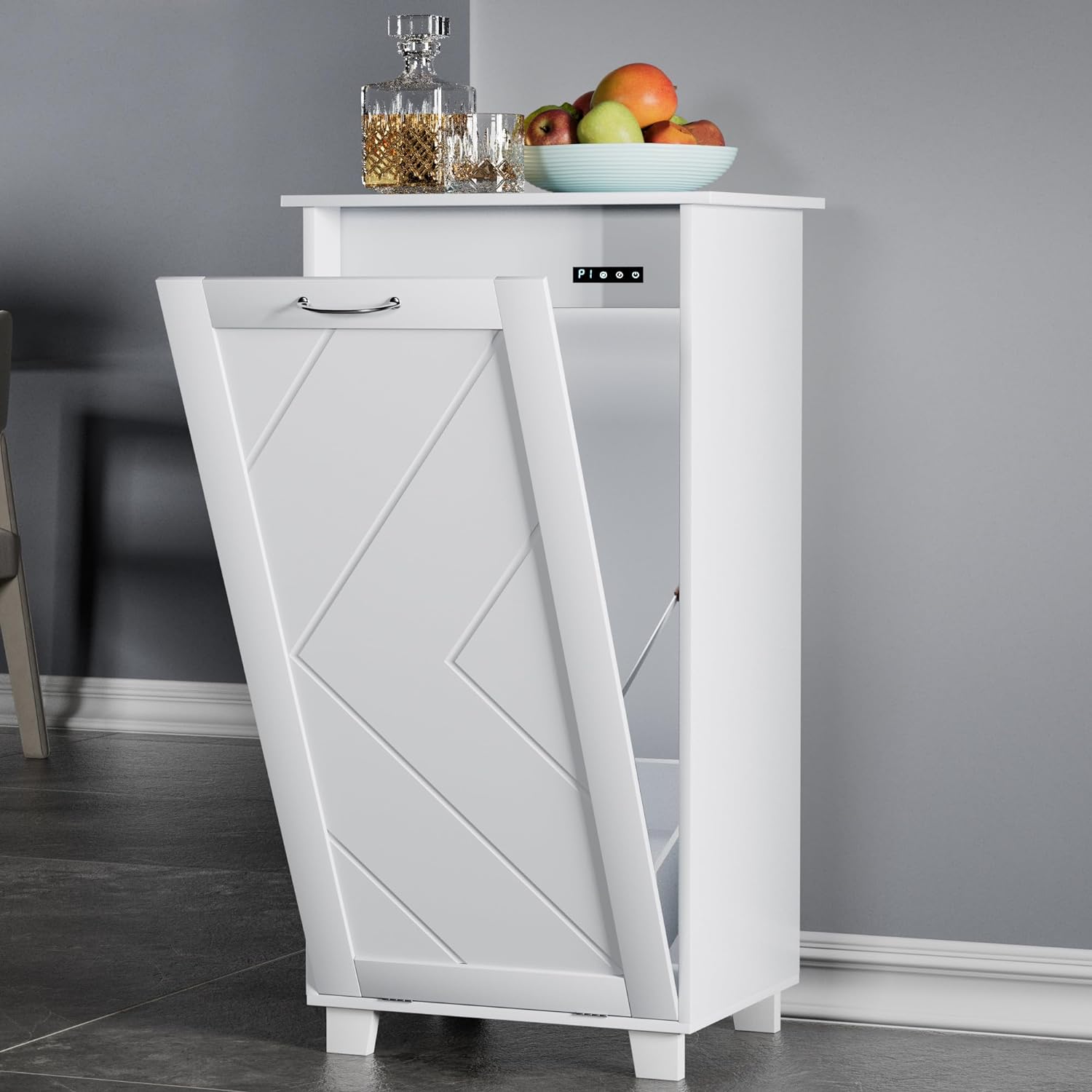 VECELO Tilt Out Kitchen Trash Bin Cabinet, Dog Proof Garbage Can with Wood Holder Free Standing Recycling