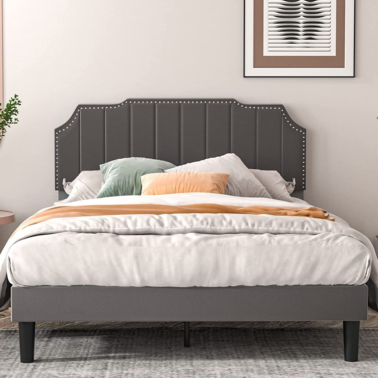 VECELO Bed Frame Upholstered Platform with Tufted Adjustable Headboard/Mattress Foundation with Wood Slat Support